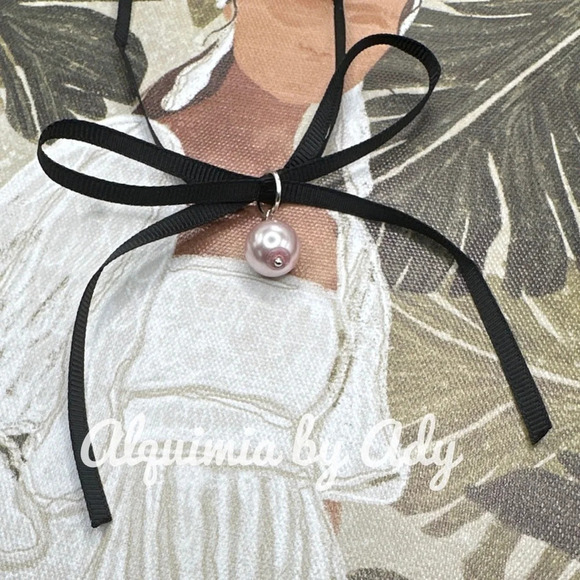 Black ribbon bow Lolita 12” gold crystal pearl gold statement  choker necklace - Picture 1 of 5